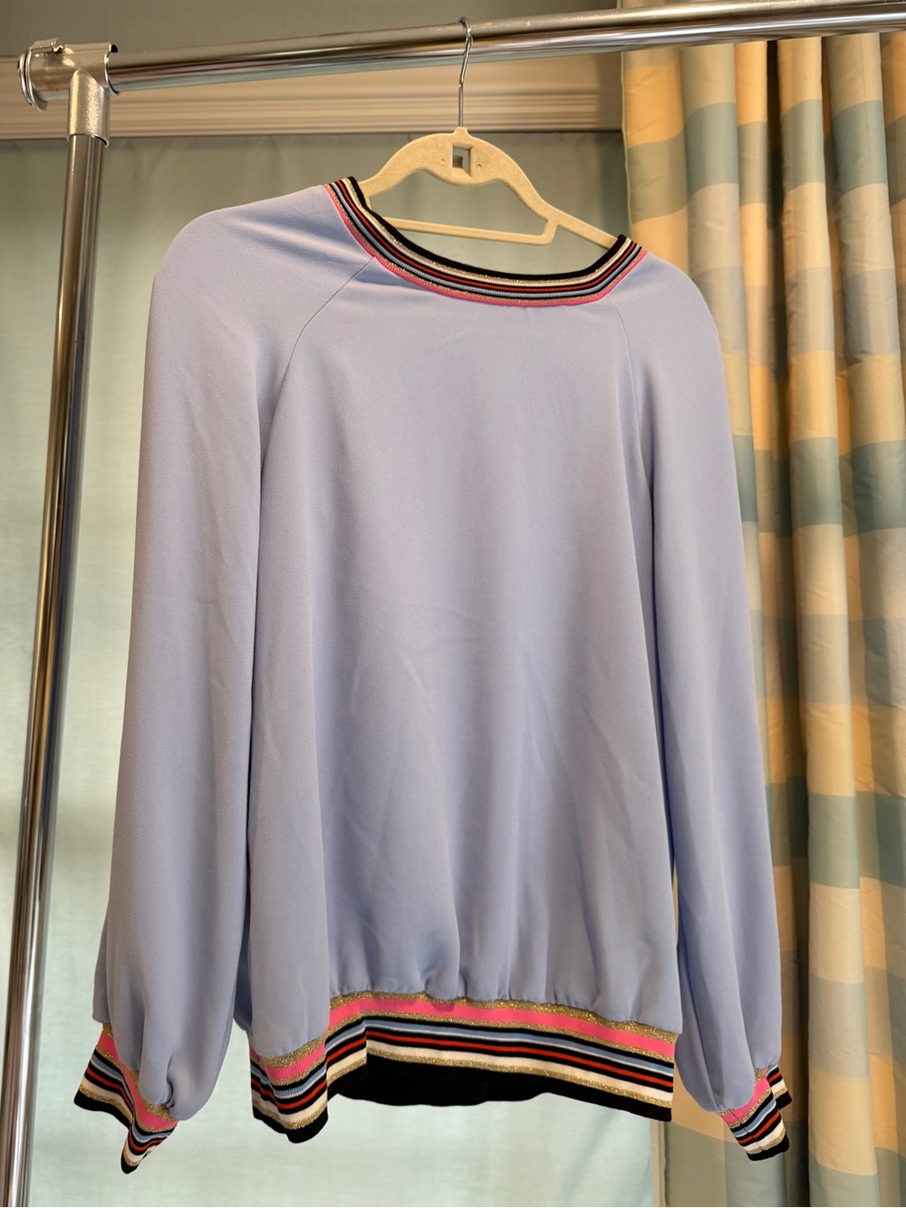 Trina Turk Light Blue Crewneck with Multicolor Striped Trim